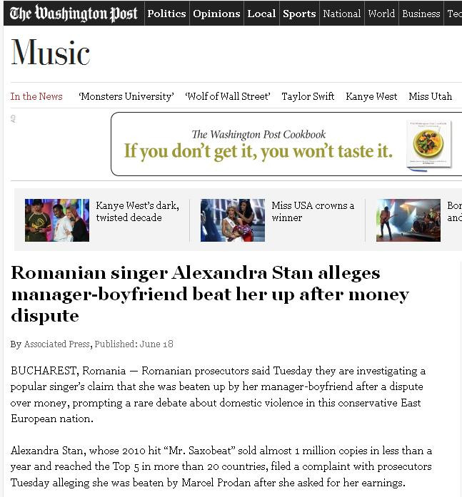 Presa din SUA, despre Alexandra Stan: Incidentul naste o dezbatere aprinsa despre violenta domestica