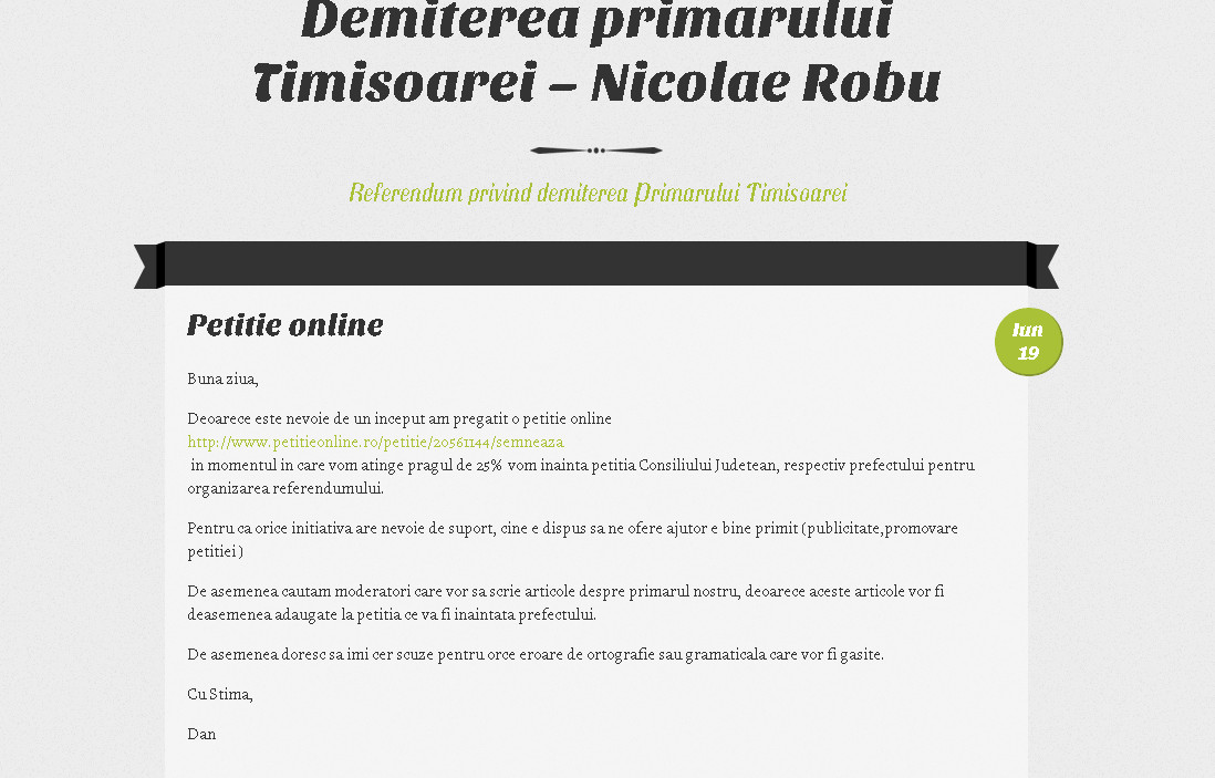 "Referendum privind demiterea primarului Nicolae Robu". Timisorenii au creat o petitie online
