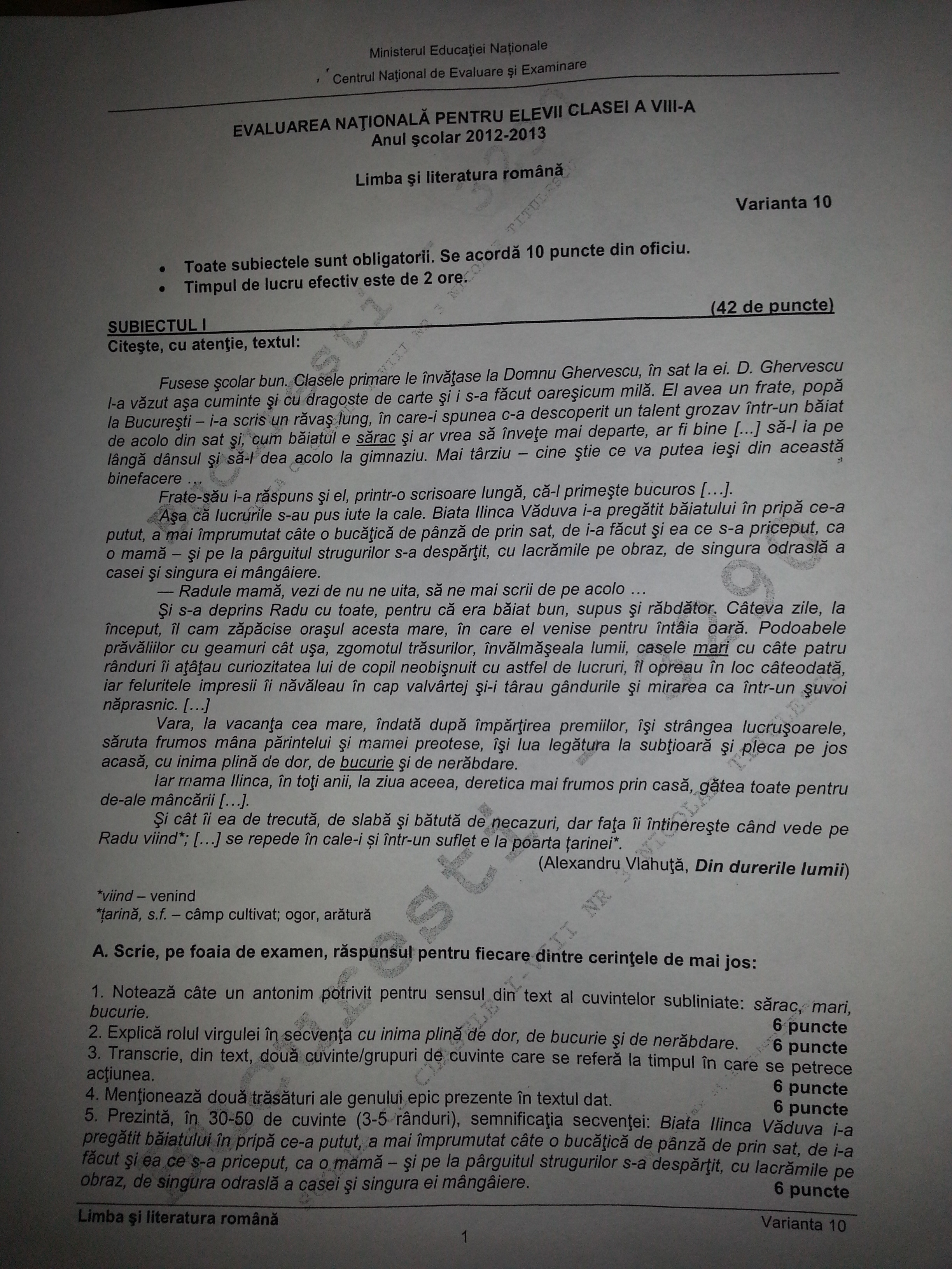 Subiecte evaluarea nationala 2013 limba romana