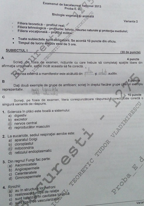BACALAUREAT 2013. Subiecte biologie