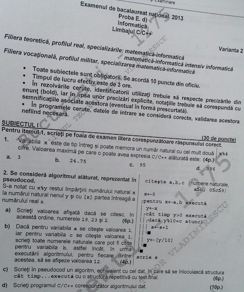 BACALAUREAT 2013. Subiecte informatica