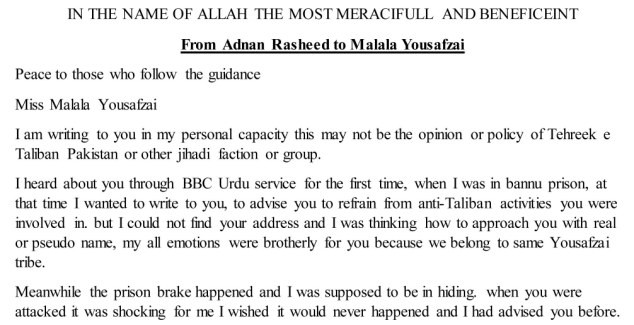 scrisoare taliban catre Malala
