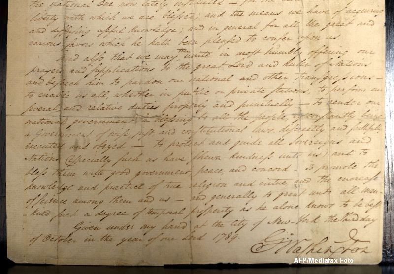 O copie a actului prin care George Washington a creat Sarbatoarea Recunostintei, scoasa la licitatie