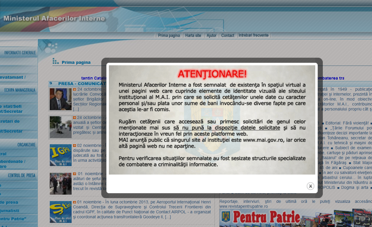 Romanii, avertizati de MAI de existenta unui site clona prin care li se cere bani si date personale