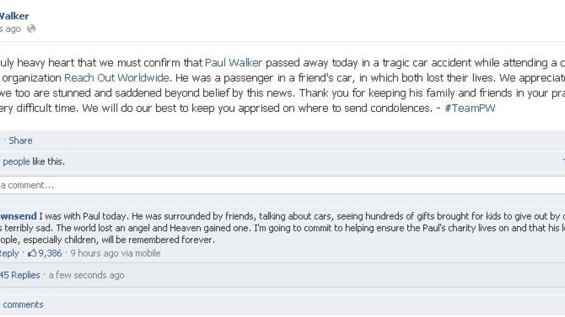 Mesajul oficial postat pe paginile de Facebook si Twitter ale lui Paul Walker, dupa deces