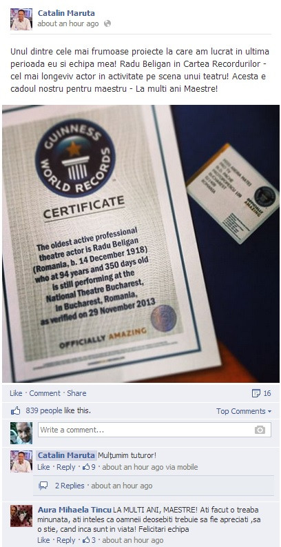 Anuntul facut de Catalin Maruta pe Facebook. Este una dintre cele mai fericite zile