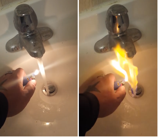 VIDEO. Apa inflamabila, la robinet. Gazul metan din subsol a ajuns in baia unui american