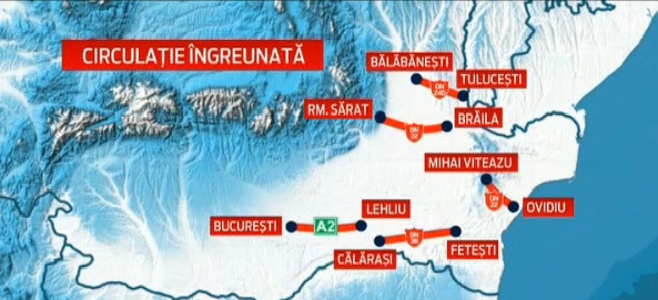 HARTA actualizata a drumurilor blocate de viscol. Circulatie intrerupta temporar pe A2 si pe 16 drumuri nationale