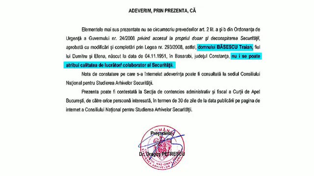 CNSAS a eliberat un nou document despre legatura presedintelui Traian Basescu cu fosta Securitate