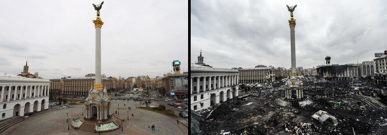 INAINTE SI DUPA. Piata Indepedentei din Kiev, in imagini tulburatoare. "Oamenilor nu le mai pasa daca mor sau traiesc"