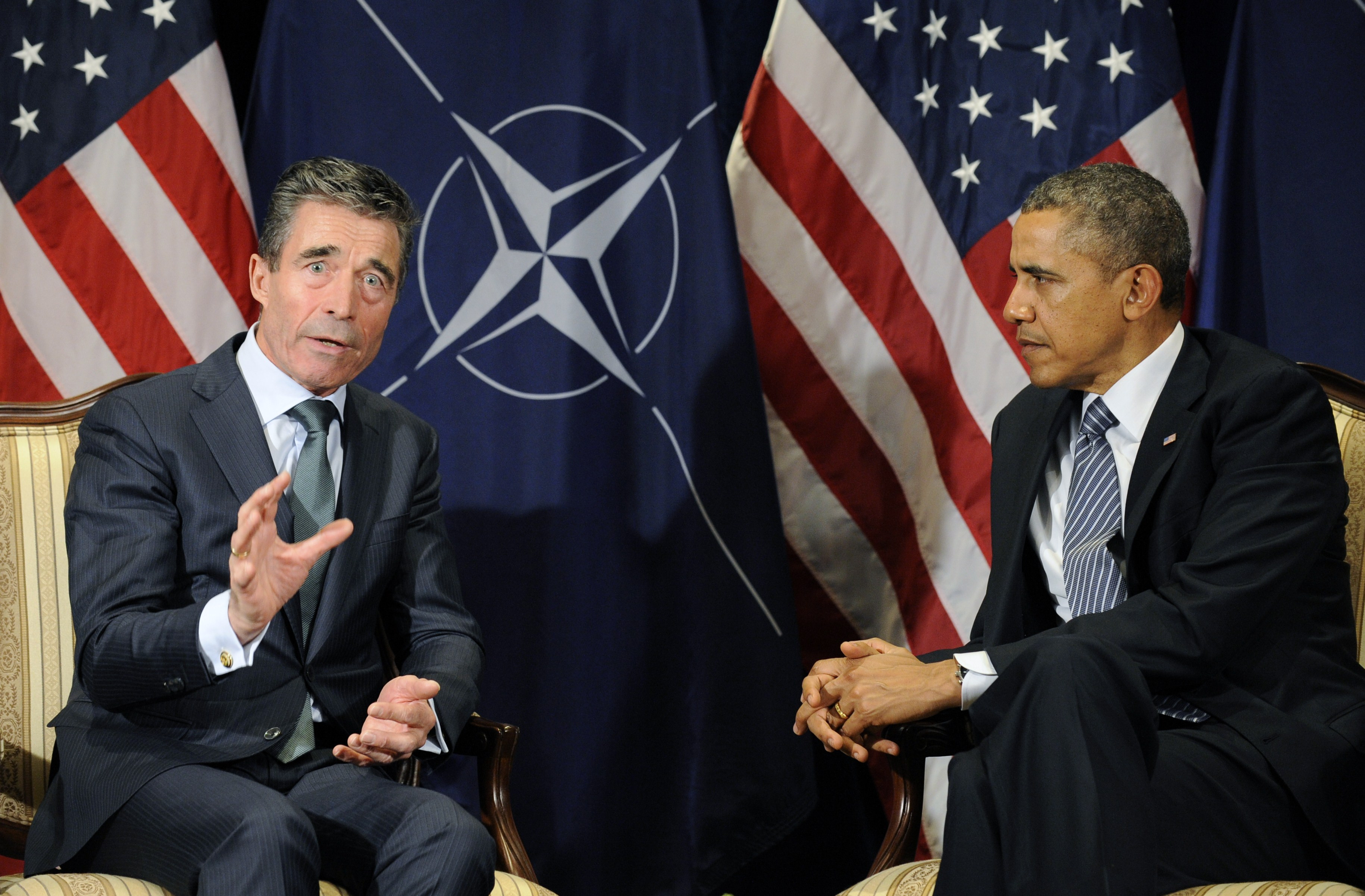 Anders Fogh Rasmussen, secretarul general al NATO, si presedintele american Barack Obama