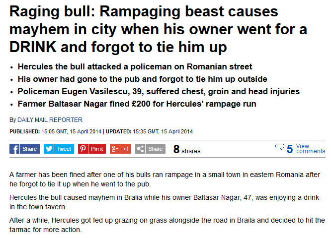 Romanii, din nou "celebri" in Daily Mail. Taurul Hercule, din Braila, e "bestia care a dezlanuit haosul pe strazile orasului"