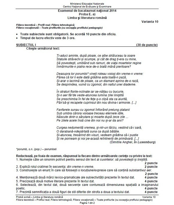 BACALAUREAT 2014, subiecte la proba scrisa de limba romana- profilul REAL