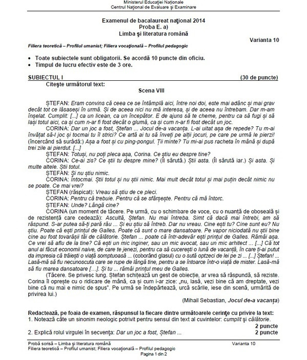 BACALAUREAT 2014, subiecte la proba scrisa de limba romana- profilul UMAN
