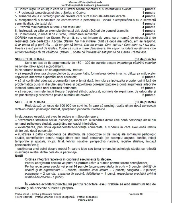 BACALAUREAT 2014, subiecte la proba scrisa de limba romana- profilul UMAN