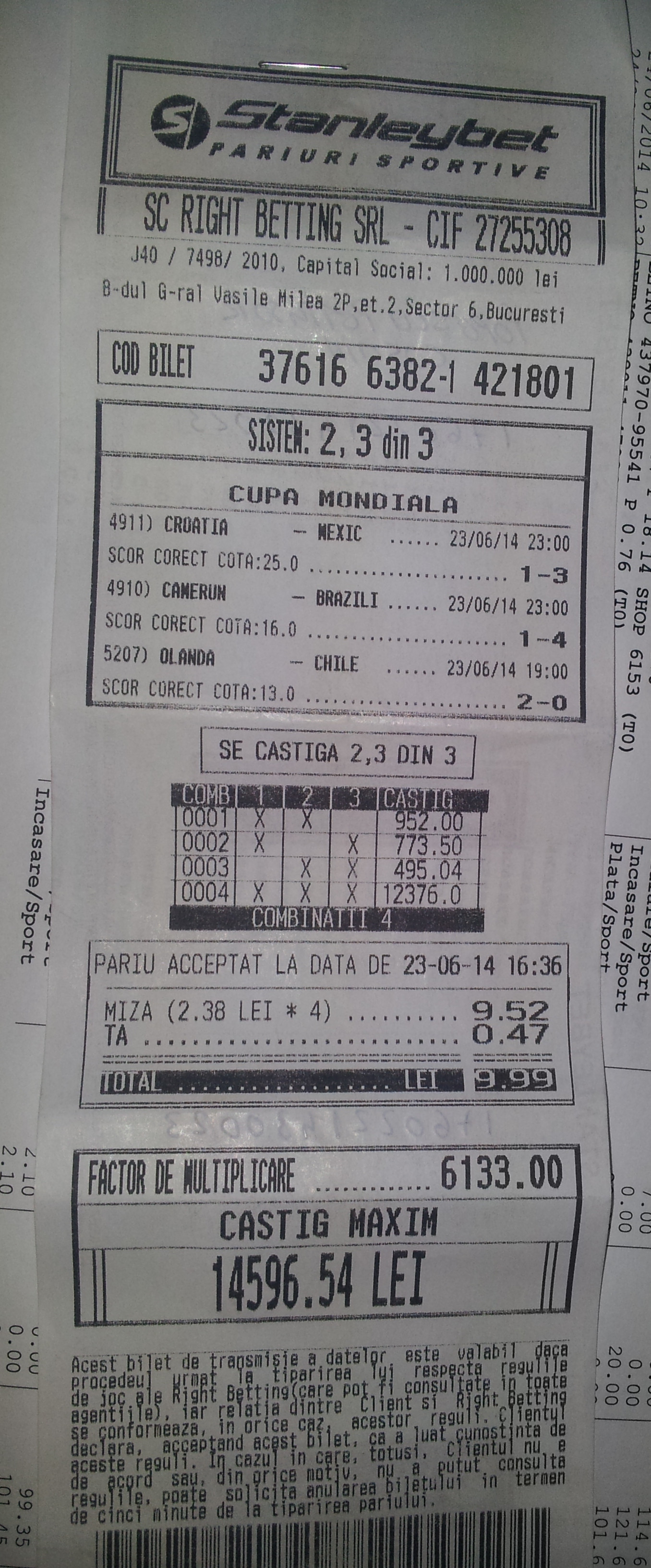 CAMPIONATUL MONDIAL DE FOTBAL 2014. Suma imensa castigata de un roman, cu doar 10 lei pariati. FOTO