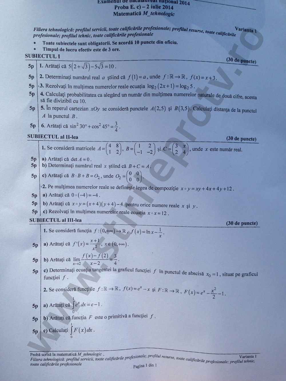 subiecte matematica Bac 2014