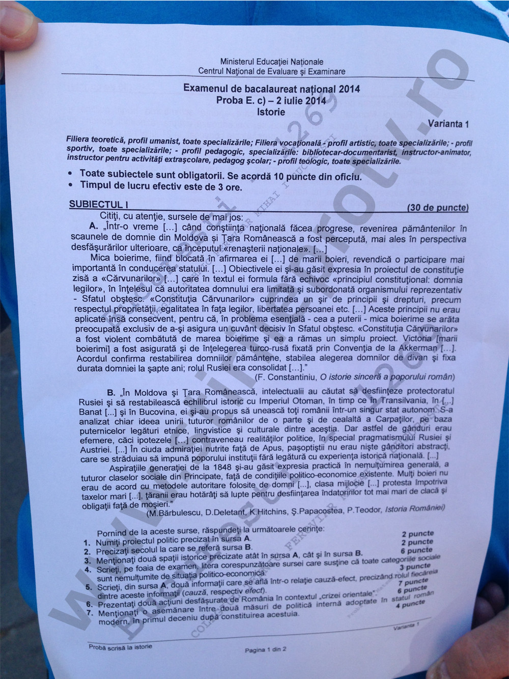 subiecte istorie bacalaureat 2014