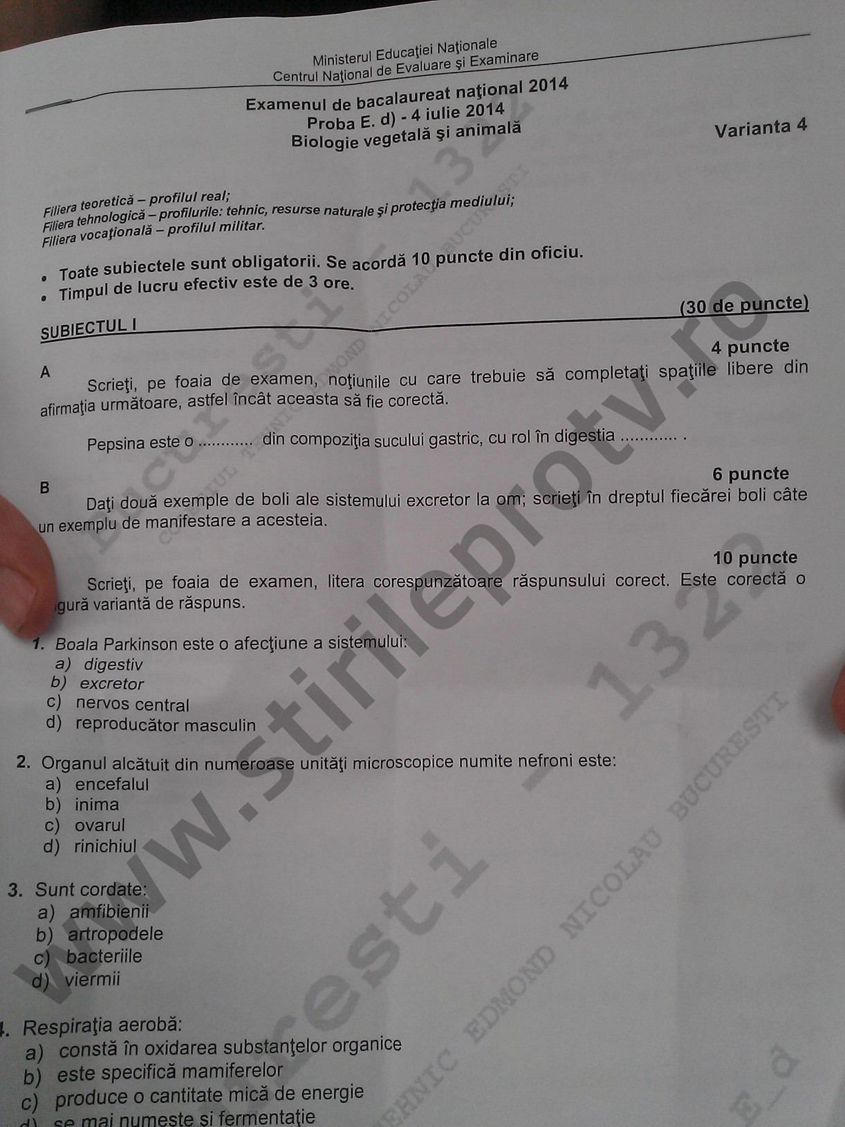 subiecte biologie Bacalaureat 2014