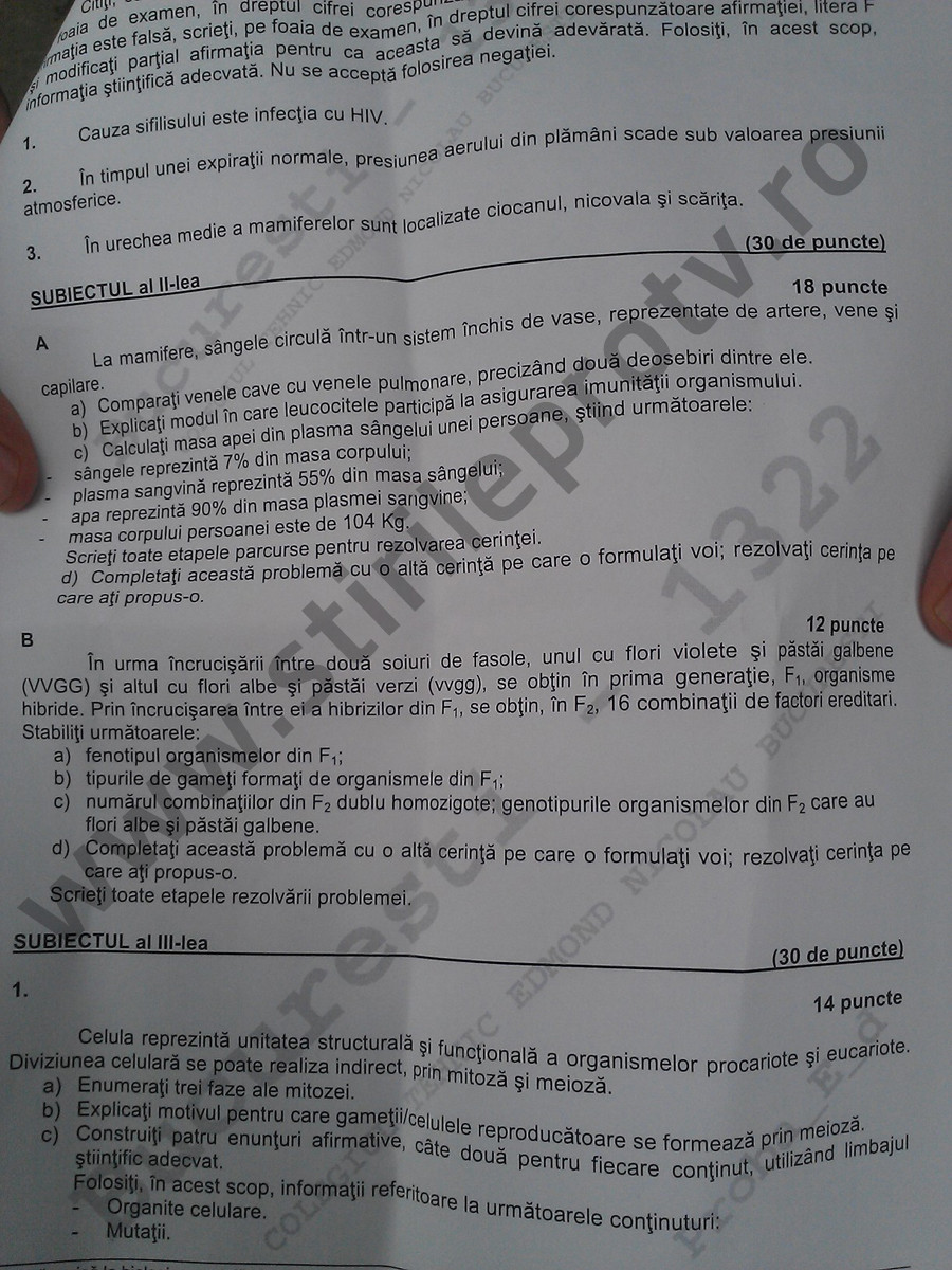 subiecte biologie Bacalaureat 2014