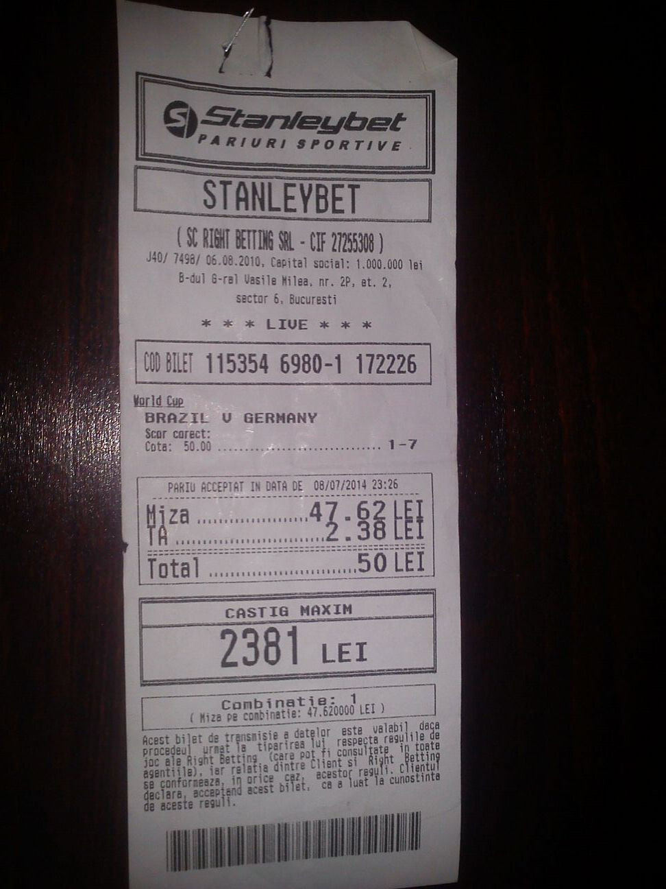 BRAZILIA - GERMANIA 1-7. Cati bani ar fi castigat un roman care a pariat pe scorul corect. FOTO