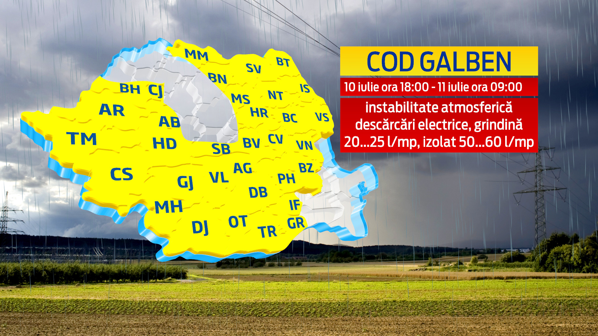 COD GALBEN in aproape toata tara pana vineri dimineata. Zonele in care ar putea ploua si cu 60 de litri / metru patrat