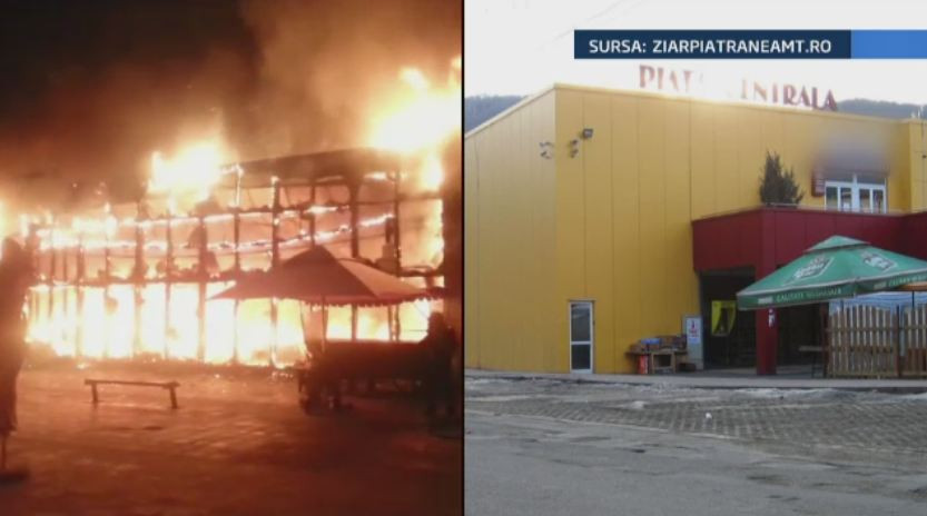Incendiul devastator care a distrus piata din Piatra Neamt. 100 de pompieri s-au luptat timp de patru ore cu flacarile imense