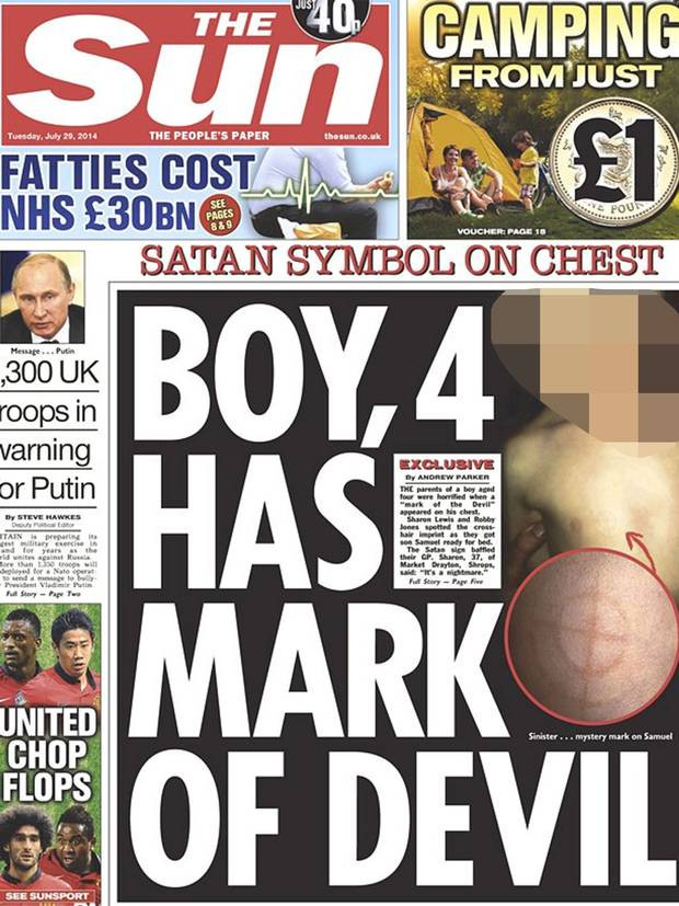 Tabloidul The Sun, criticat dur in Marea Britanie pentru un material in care sustine ca "un baietel este fiul Diavolului"