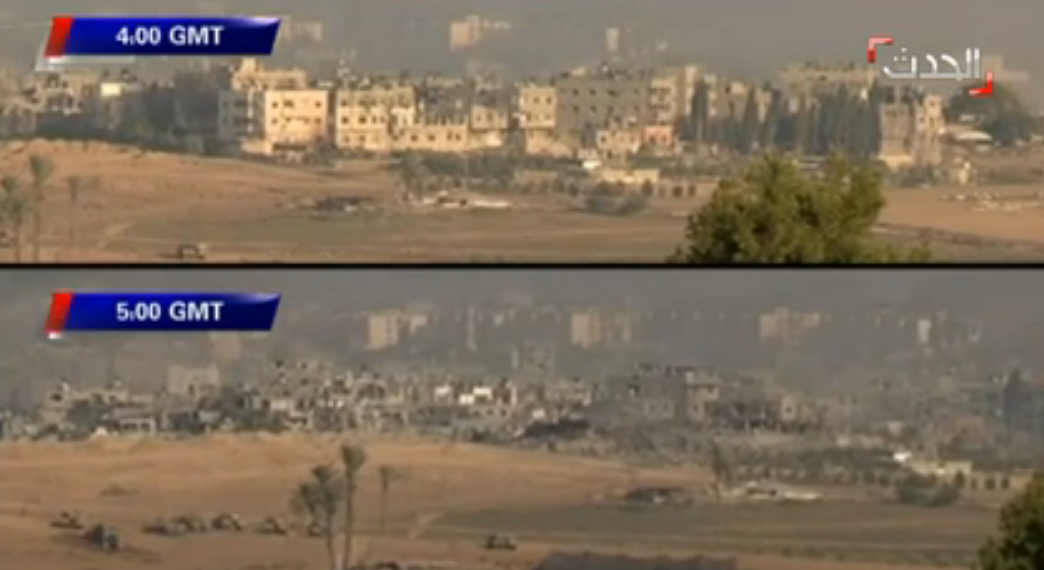 Cum arata un cartier al unui oras din Fasia Gaza dupa o ora de bombardamente. VIDEO