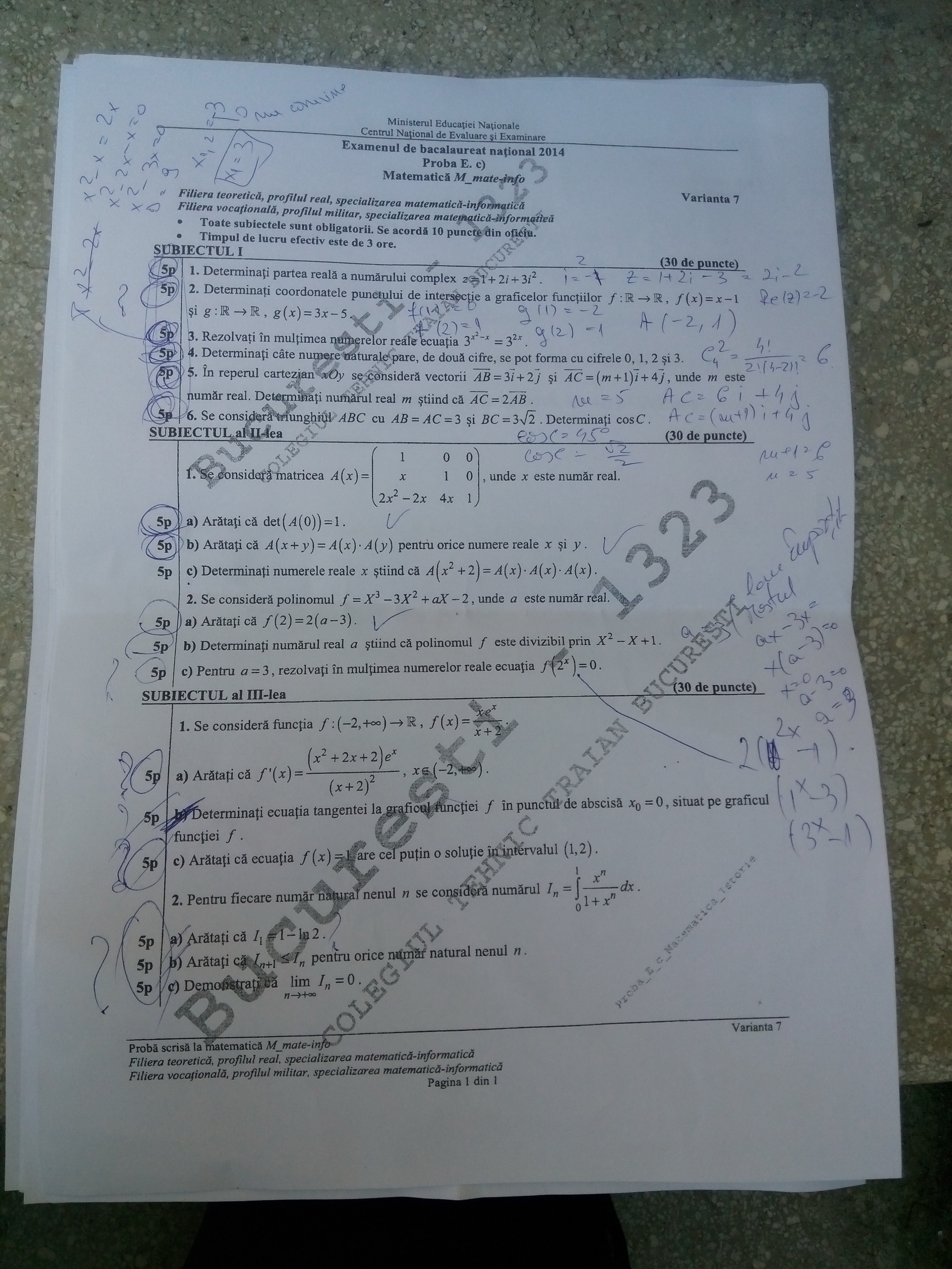 Subiectele la matematica la profilul mate-info