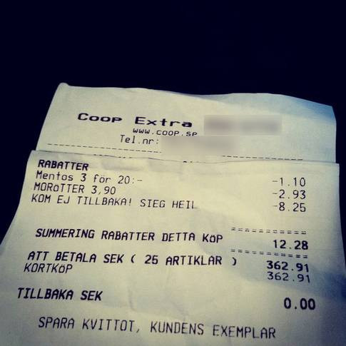 O femeie din Suedia a descoperit un slogan nazist pe chitanta primita de la un supermarket