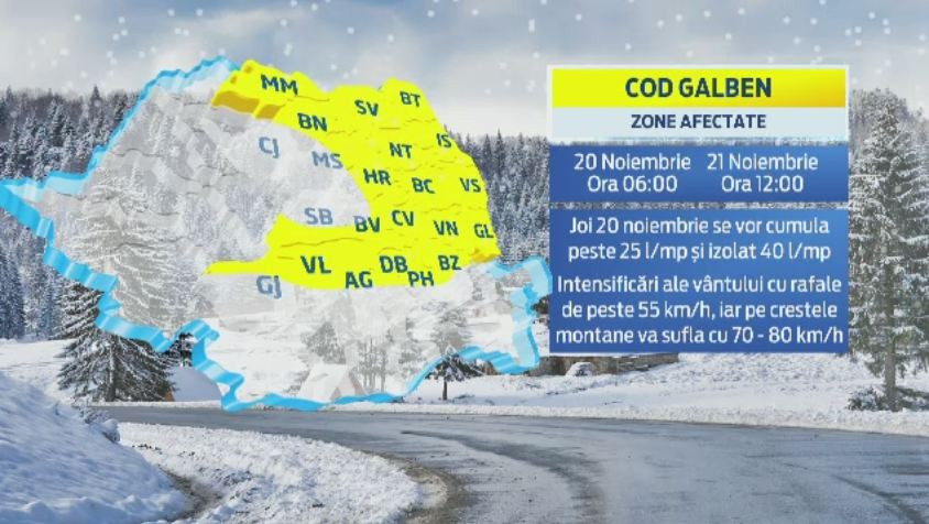 Iarna se pregateste sa ocupe Romania. COD GALBEN de ninsori in 20 de judete din nord-estul Romaniei