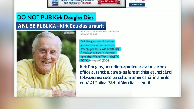 Gafa mare a revistei People. A publicat necrologul lui Kirk Douglas, desi actorul traieste