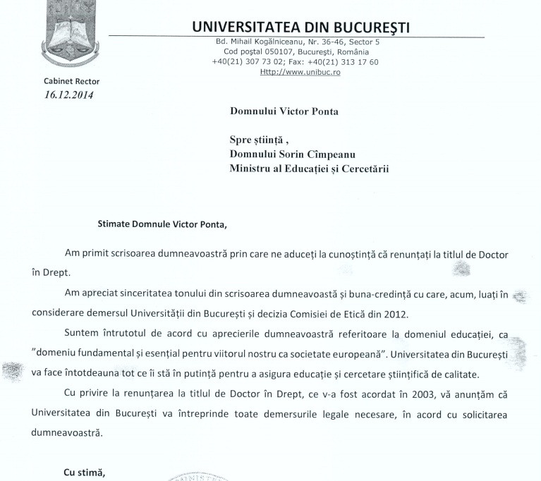 scrisoare Universitatea din Bucuresti