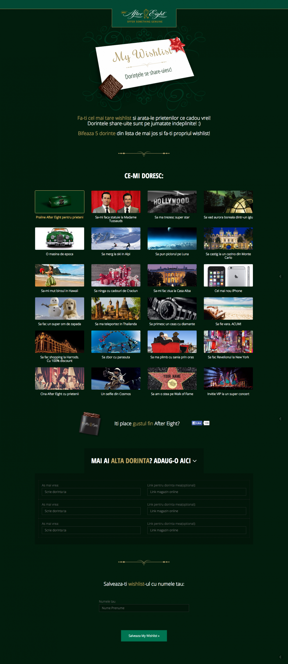 Spune adio cadourilor nereusite! Foloseste aplicatia After Eight "My Wishlist" prin care le spui prietenilor ce iti doresti sa primesti cu adevarat