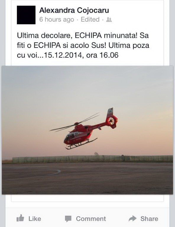 Ultima fotografie cu elicopterul SMURD prabusit la Constanta facuta chiar inainte de tragedie. Mesajul postat pe internet