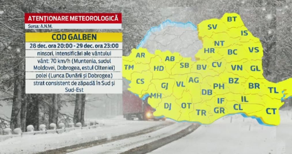 VIN ZAPEZILE: Cod portocaliu de ninsori in 10 judete. In mai multe zone din sudul tarii ar putea fi emis COD ROSU