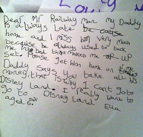 Tatal ei intarzia mereu din cauza trenurilor, asa ca fetita lui a trimis o scrisoare: "Draga domnule de la Calea Ferata..."