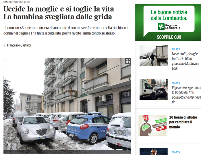 Noua tragedie romaneasca in Italia. Un barbat si-a omorat sotia cu un cutit si apoi s-a sinucis