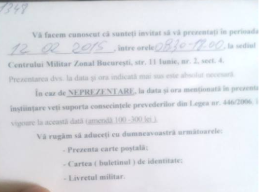 Un roman a primit prin posta solicitarea de a se prezenta la Centrul Militar Zonal. Reactia sa de pe Facebook