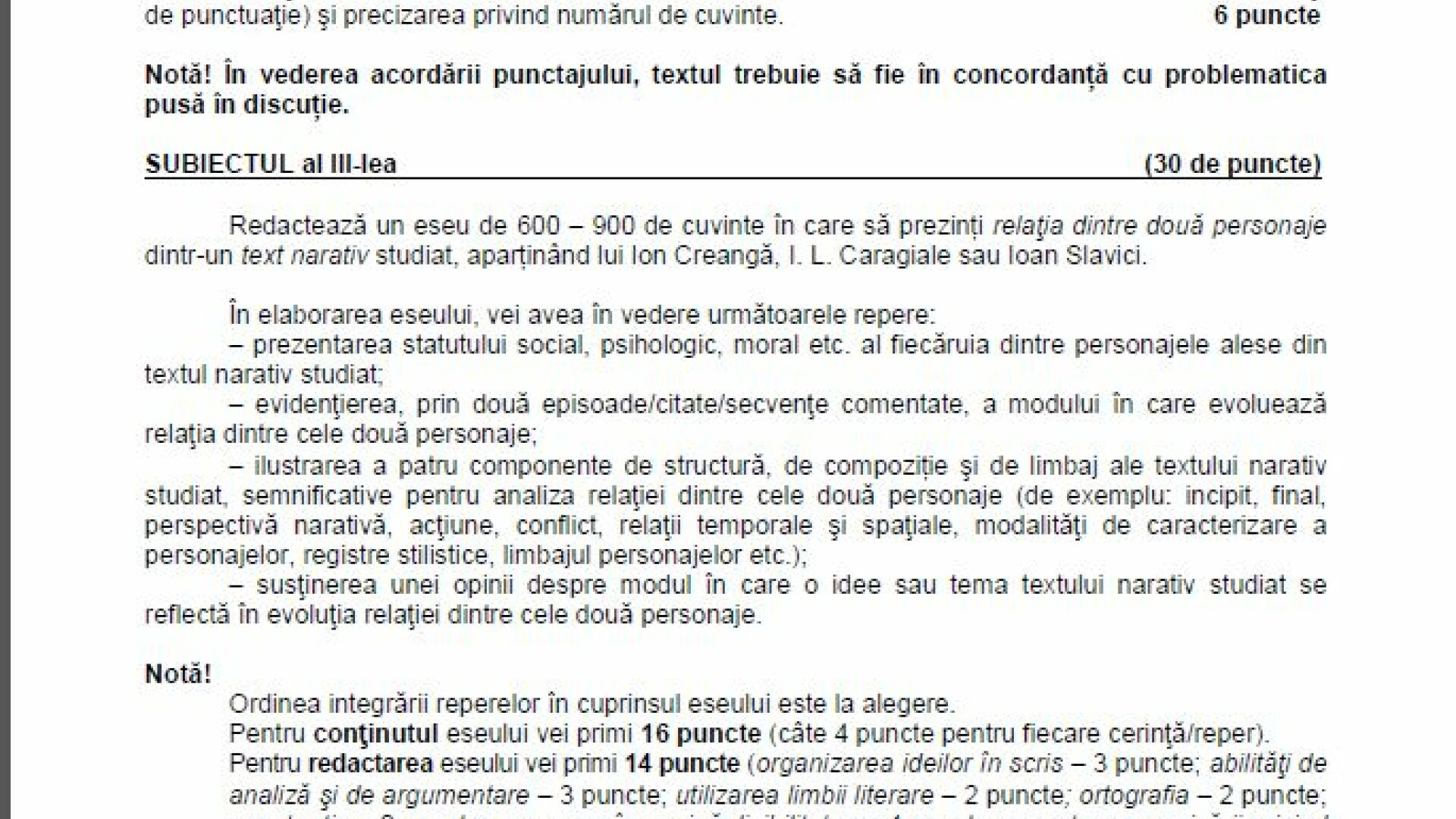 bac, model de subiect romana