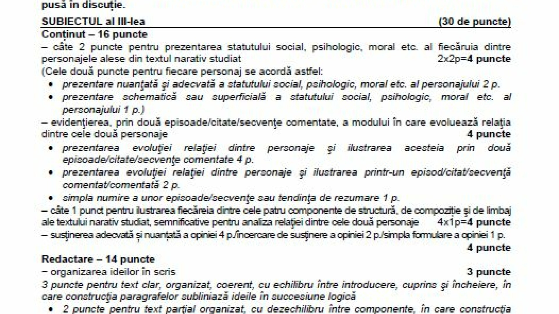 bac, model de subiect romana