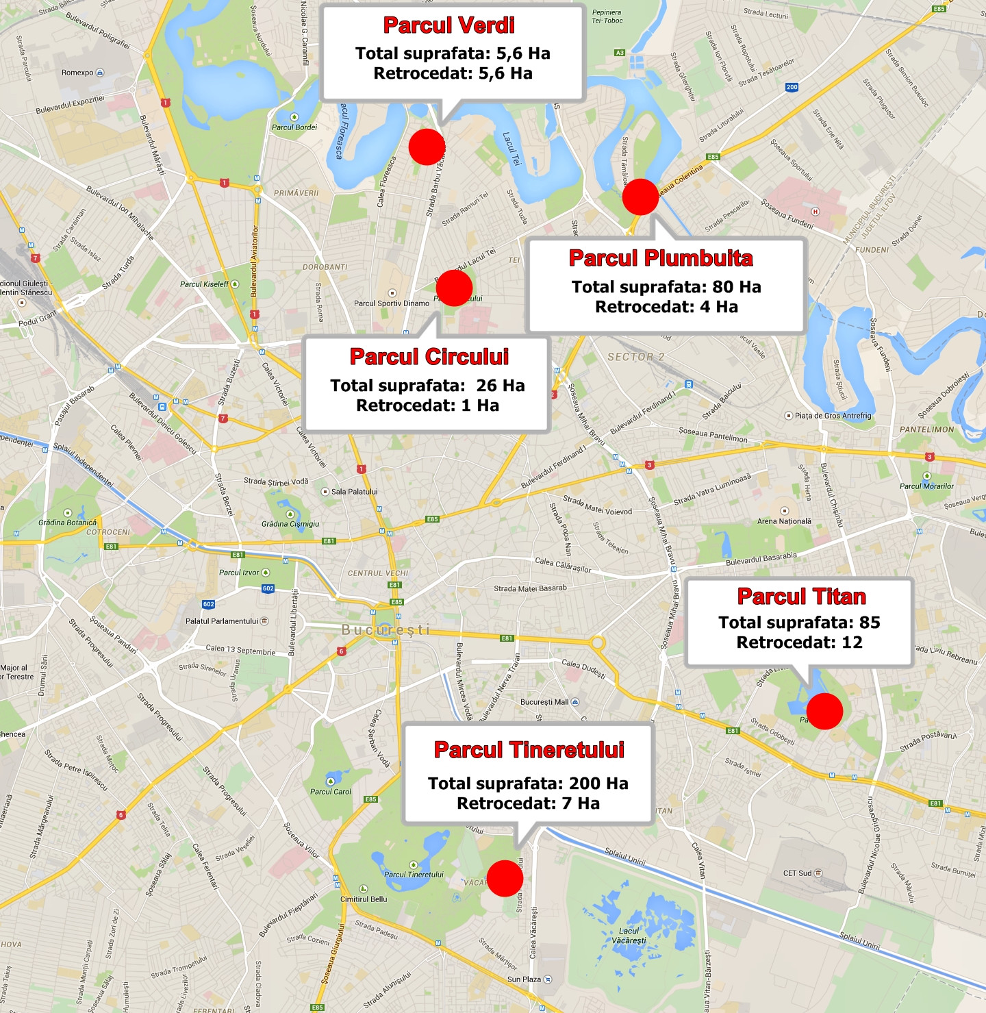 ​HARTA Cum sunt ciopartite parcurile din Bucuresti de retrocedari si constructii