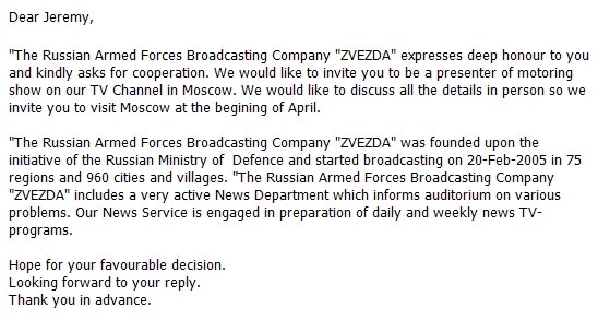 scrisoarea ZVezda TV pentru Clarkson