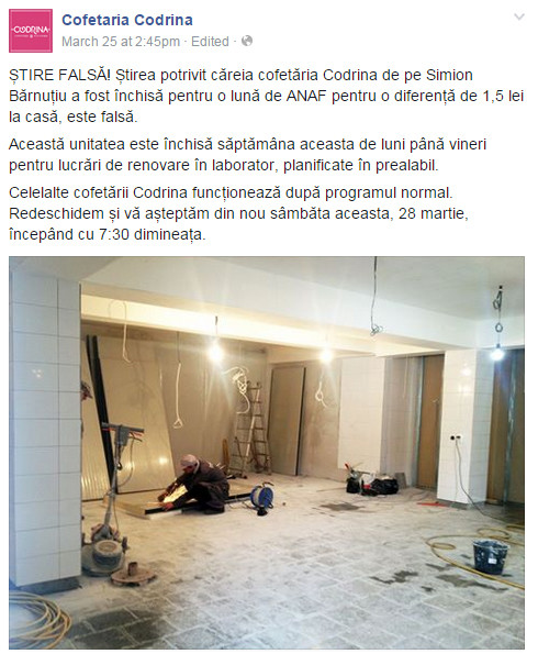cofetaria Codrina reactie pe Facebook