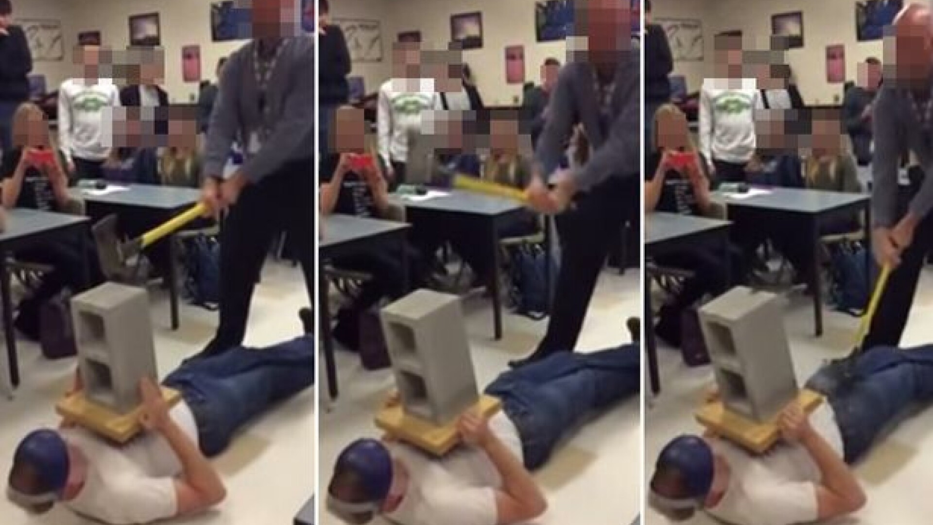 Un profesor face in fata elevilor sai o demonstratie care se termina prost. Unde loveste cu toporul. VIDEO