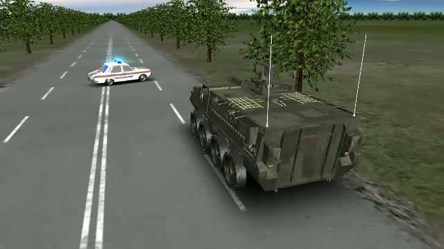 ANIMATIE GRAFICA. Un TAB al armatei SUA s-a ciocnit cu o Dacie a politiei. De ce s-au amuzat soldatii americani