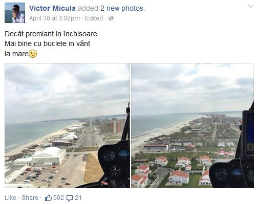 Victoras Micula, cu elicoperul la Mamaia. "Decat premiant in inchisoare, mai bine cu buclele in vant la mare"