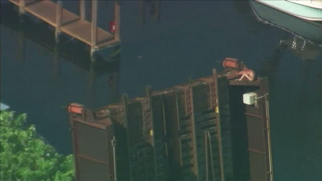 Misiune de salvare complicata in SUA. Un barbat gol pusca a ramas blocat in varful unui pod mobil, complet deschis