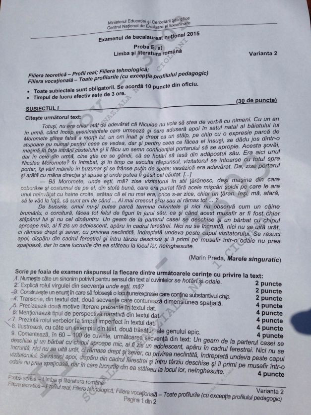 Subiectele pentru profilul Real